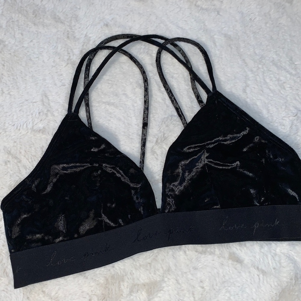 Large PINK Victoria’s Secret strappy velvet black bralette
